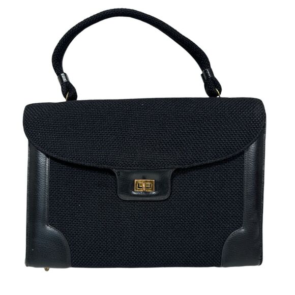 1940’s KADIN Black Burlap Tweed And Leather Handbag Fold Over 3 Compartment - Picture 1 of 8